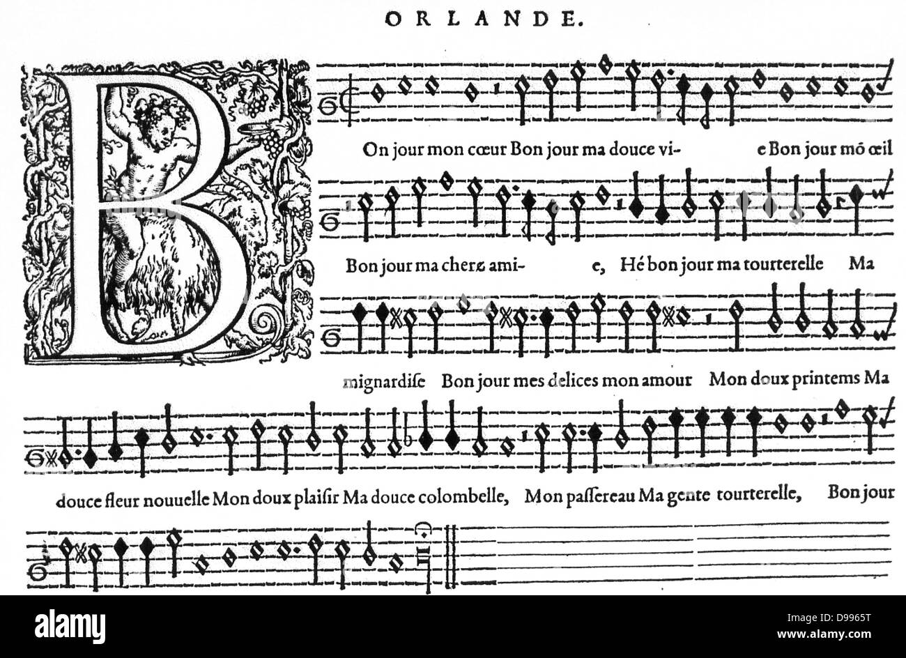 Composition par Orlande de Lassus Orlandus Lassus, également (Orlando di Lasso, Roland de Lassus, ou Roland Delattre) (1532) (peut-être 1530 - Juin 14, 1594) était un compositeur franco-flamande de la fin de la Renaissance. Banque D'Images
