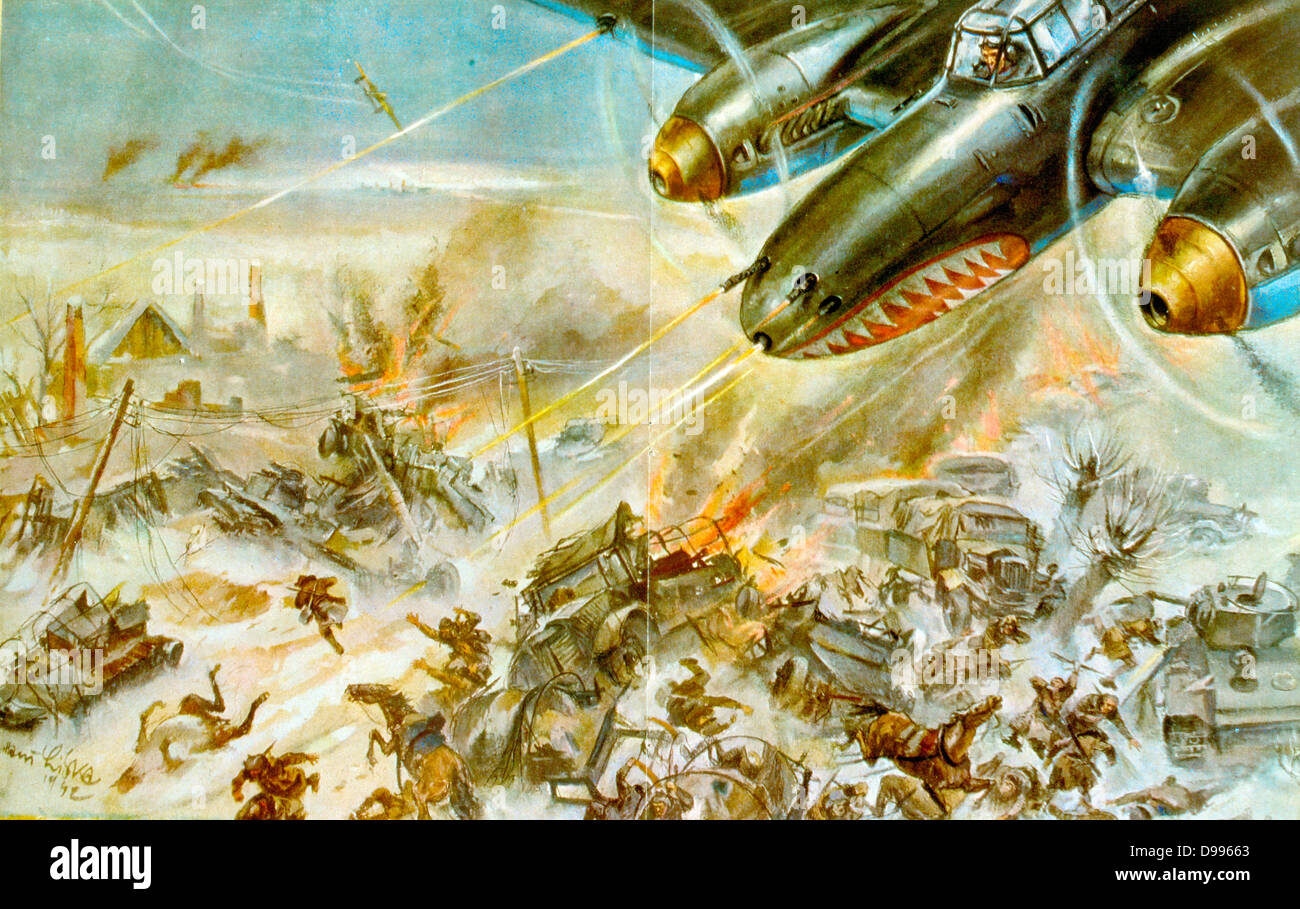 Carte postale montrant la propagande russe soviétique chasseur russe attaque un convoi allemand. Vers 1942. La Seconde Guerre mondiale Banque D'Images