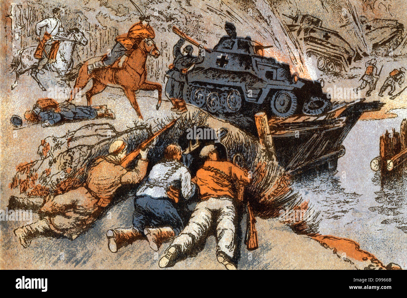 Carte postale de Russie montrant des opérations contre l'avance de l'armée allemande vers 1942 Banque D'Images