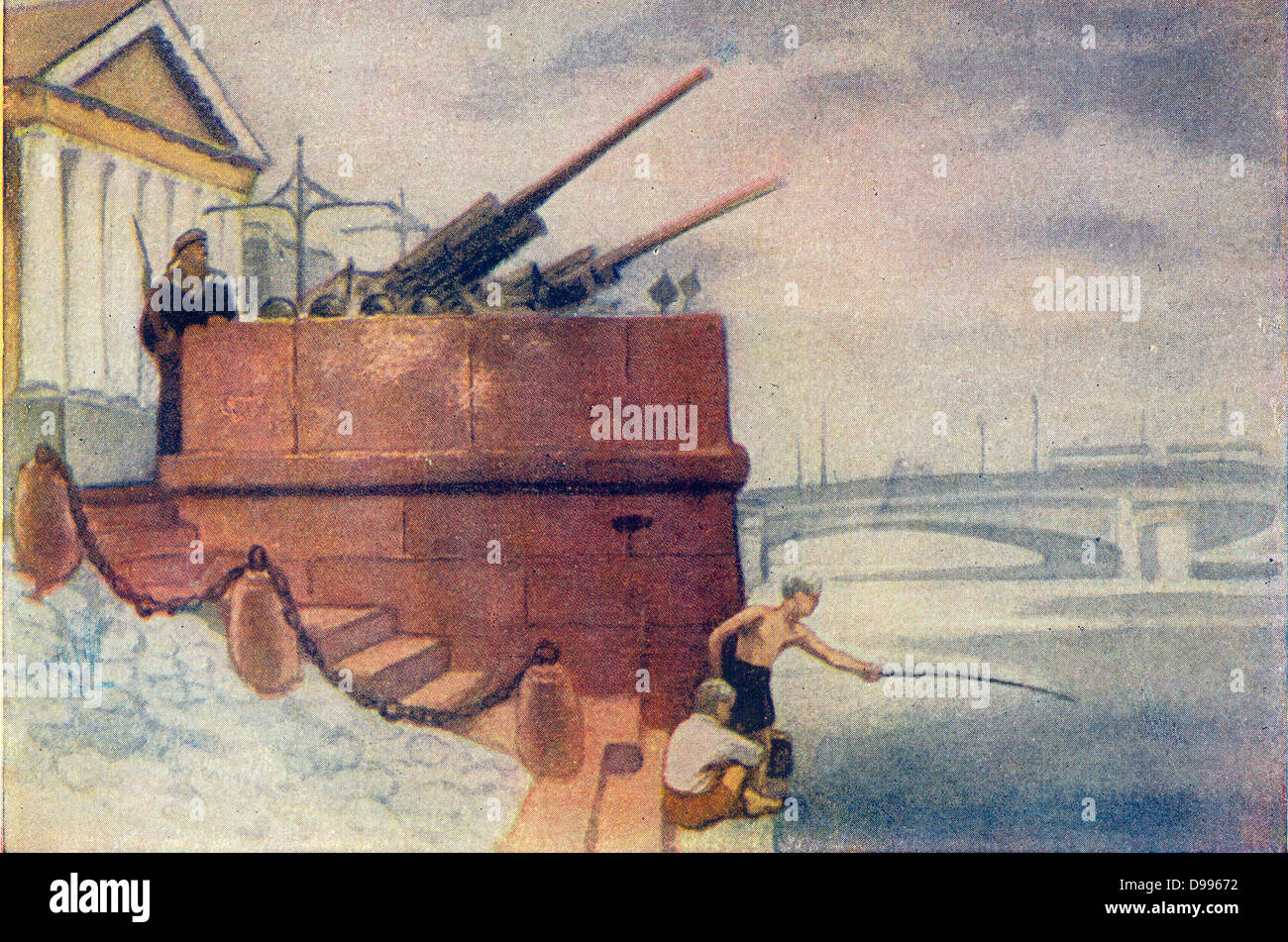 Carte postale de Russie montrant canon anti-aérien placemnent à Saint-Pétersbourg (Leningrad) vers 1942 Banque D'Images