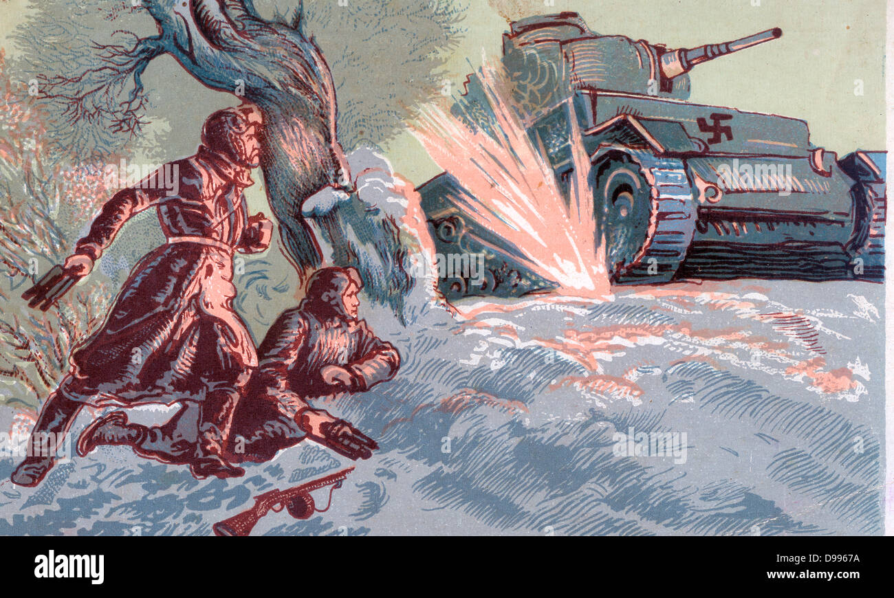 Carte postale de Russie montrant des opérations contre l'avance de l'armée allemande vers 1942 Banque D'Images