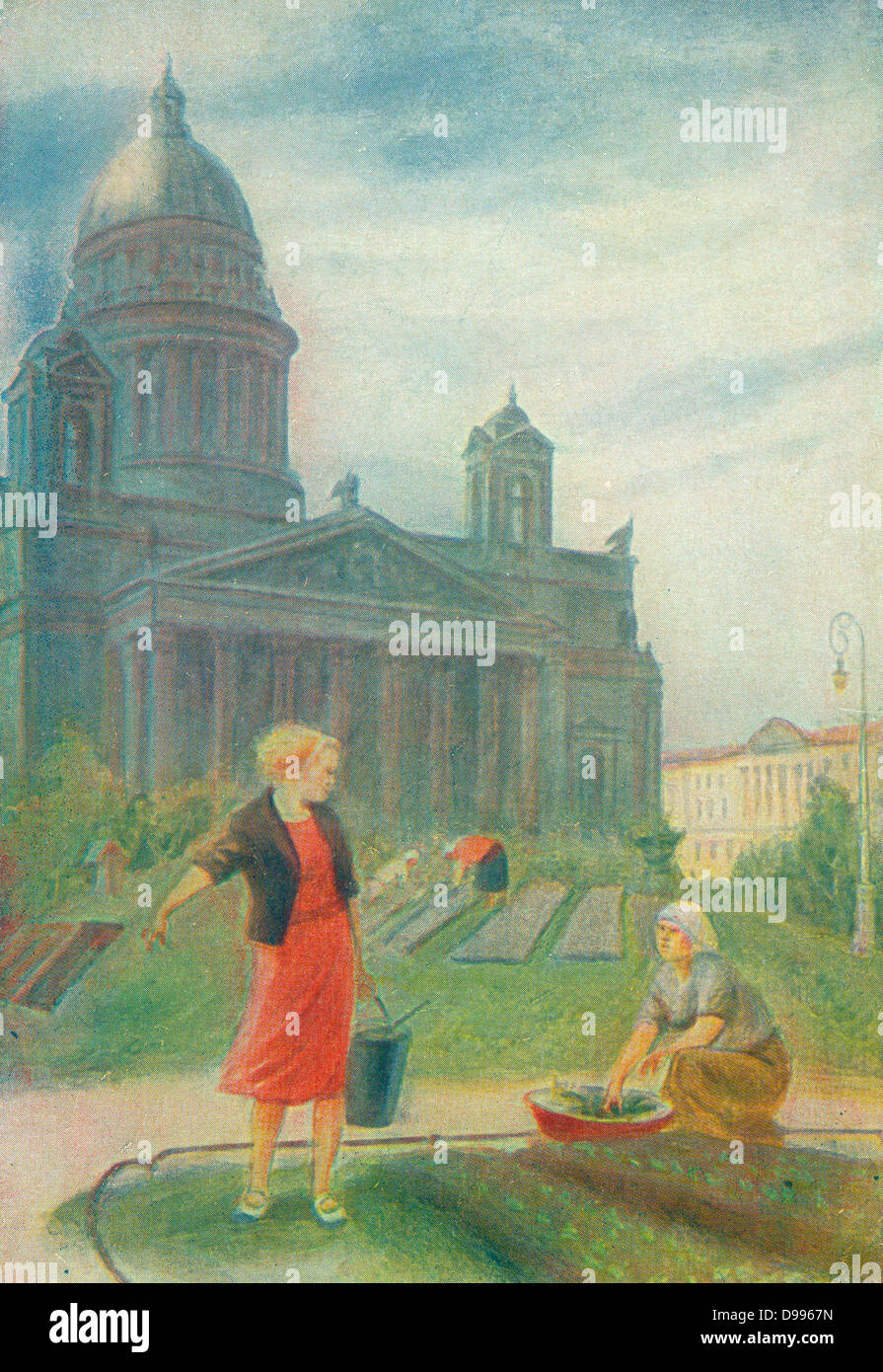 Carte postale de la Russie et au transport de l'eau de lavage des civils à Saint-Pétersbourg (Leningrad) vers 1942 Banque D'Images