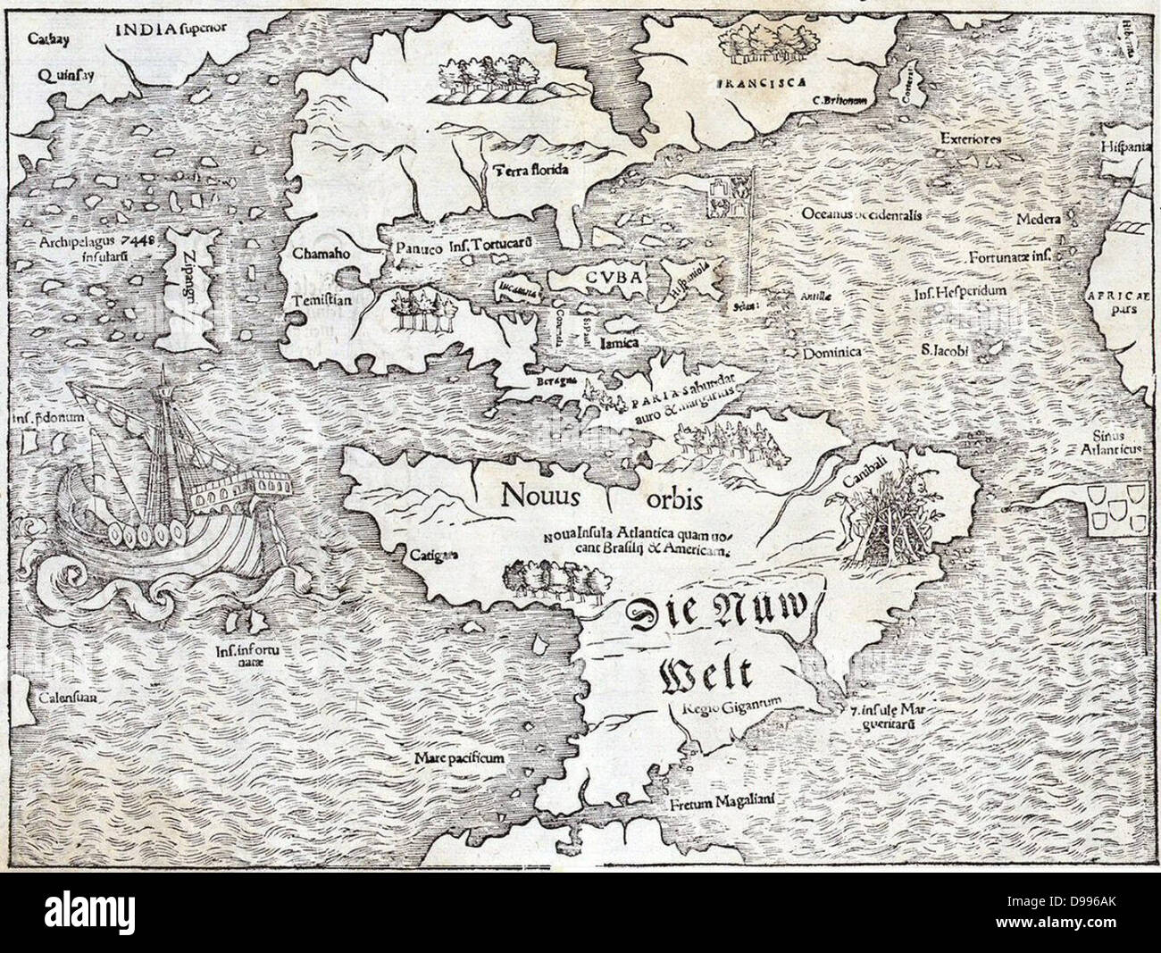 La carte du Nouveau Monde par Sebastian Munster, 1540, montrant le nom de l'Île 'Atlantis' Banque D'Images