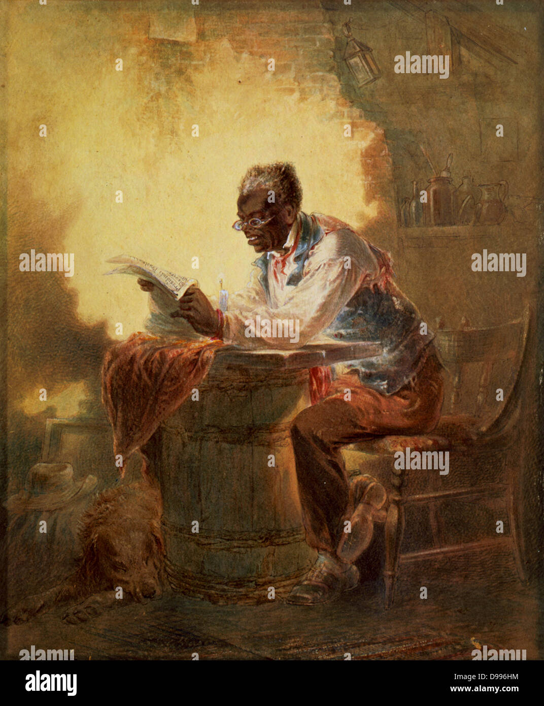 Black Man reading newspaper par candlelight' aquarelle. [Ca. 1863] Par H. L. (Henry Louis) Stephens, 1824-1882, l'artiste américain. Banque D'Images