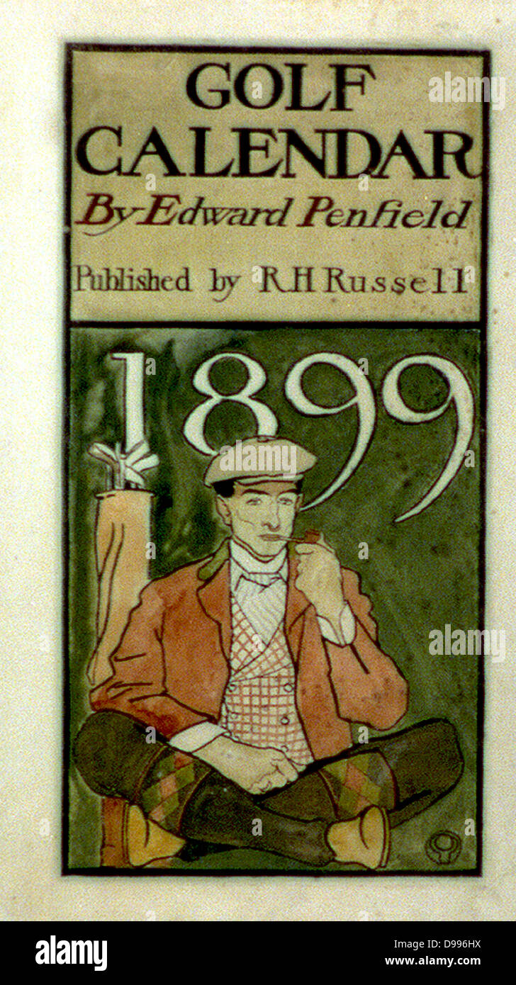 Assis par golfeur clubs, dessin à l'aquarelle. [1899 ?] par Edward Penfield 1866-1925, l'artiste américain. Banque D'Images