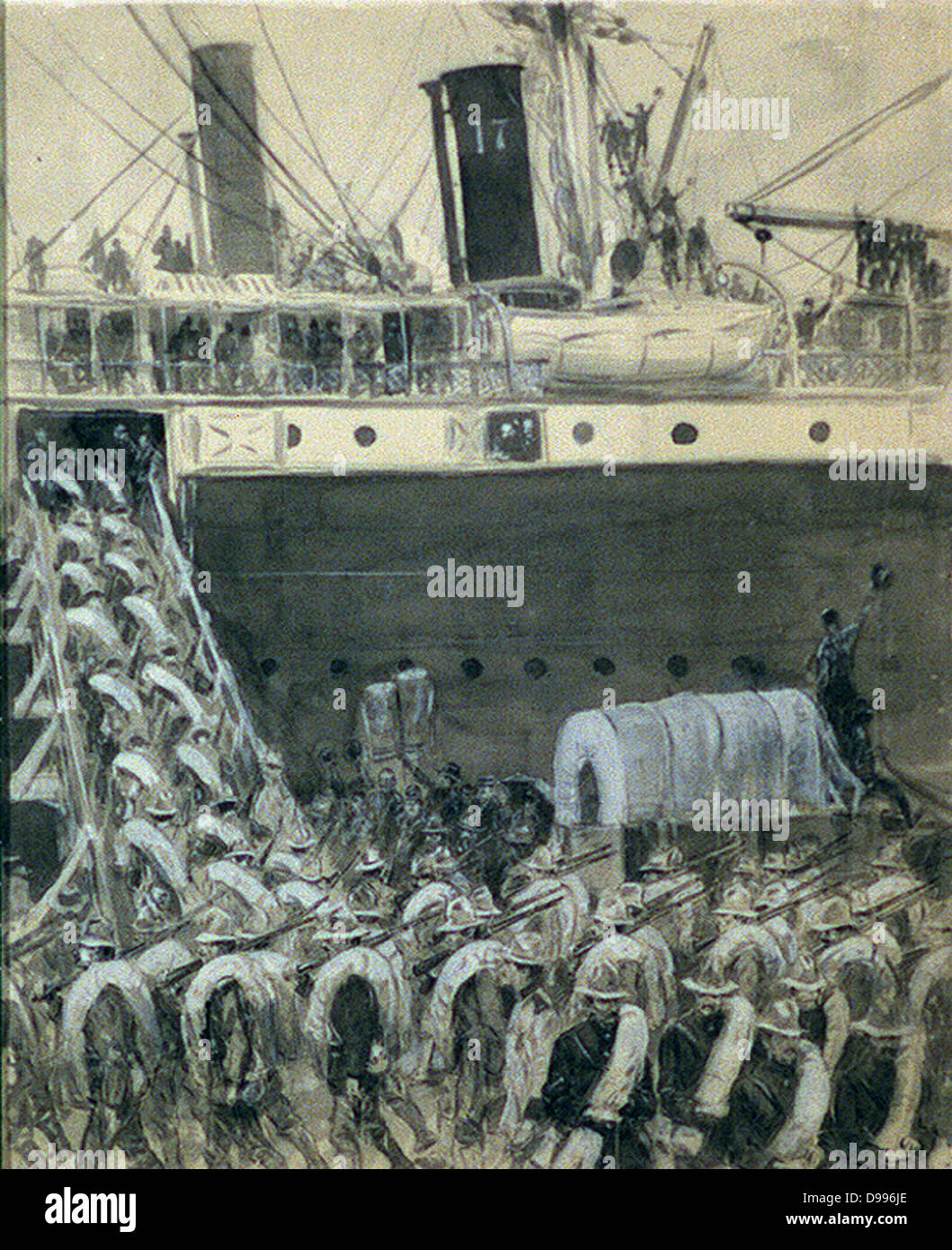 L'embarquement des troupes américaines à vapeur de transport, guerre hispano-américaine. Dessin à la plume et encre, lavis, crayon blanc, Chinois.[1898] Banque D'Images
