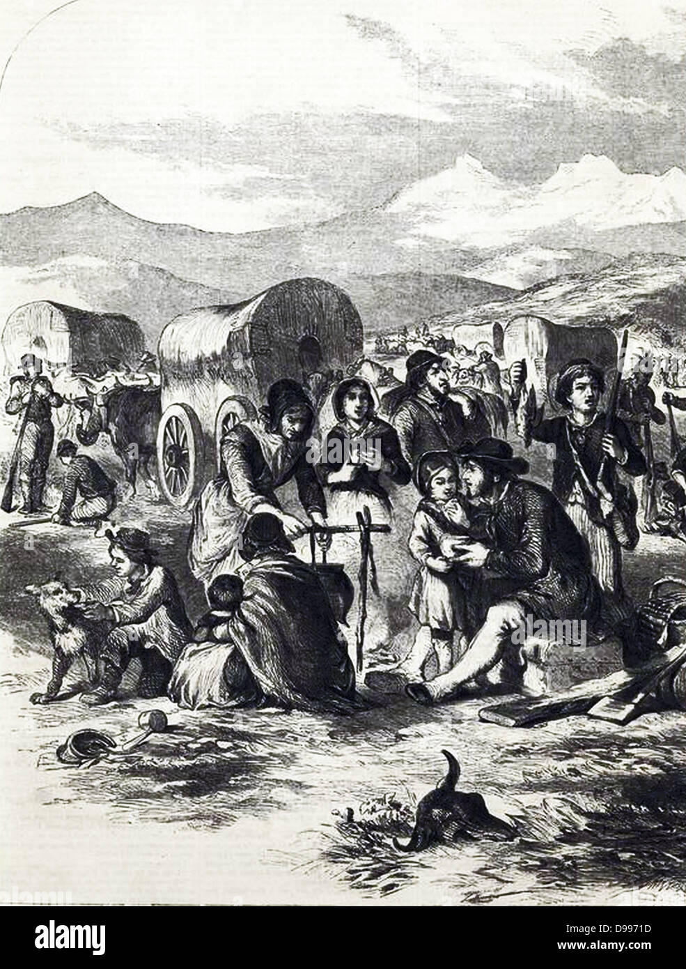 Les émigrants de la Californie. La vie de pionnier illustré en 1856 Banque D'Images