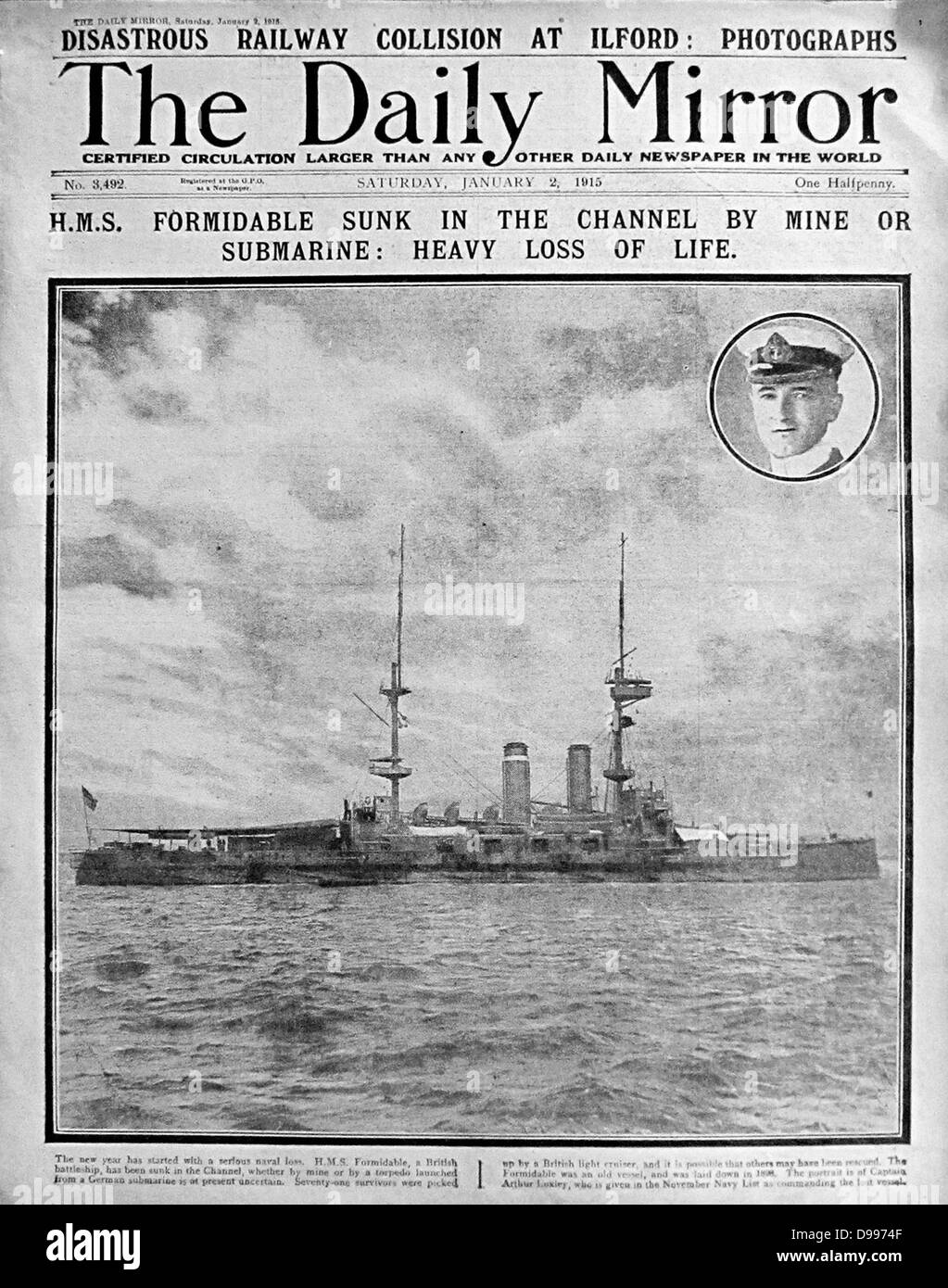 Première page du Daily Mirror, un journal britannique pendant la Première Guerre mondiale, 1915. Le titre fait référence au naufrage du navire de guerre HMS Formidable Banque D'Images