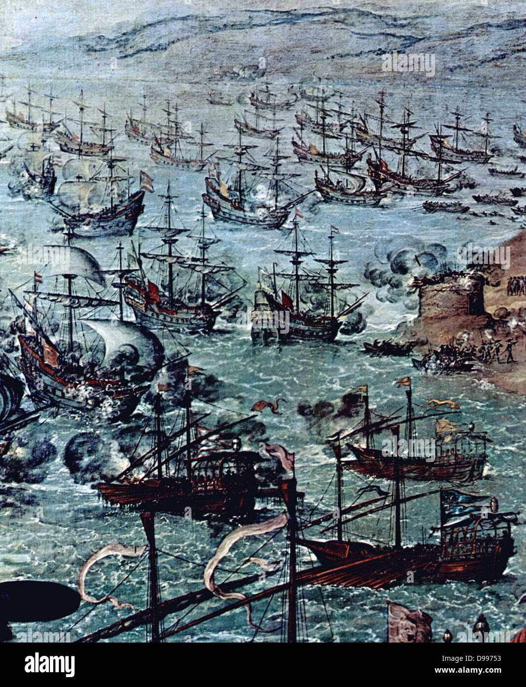 En avril 1587 un raid par l'anglais Sir Francis Drake a occupé le port de Cadix pendant trois jours. L'attaque a retardé le voile de l'Armada espagnole par un an. Zurbarán, Francisco de 'l'attaque de Cádiz", (détail) 1634 Museo del Prado Banque D'Images