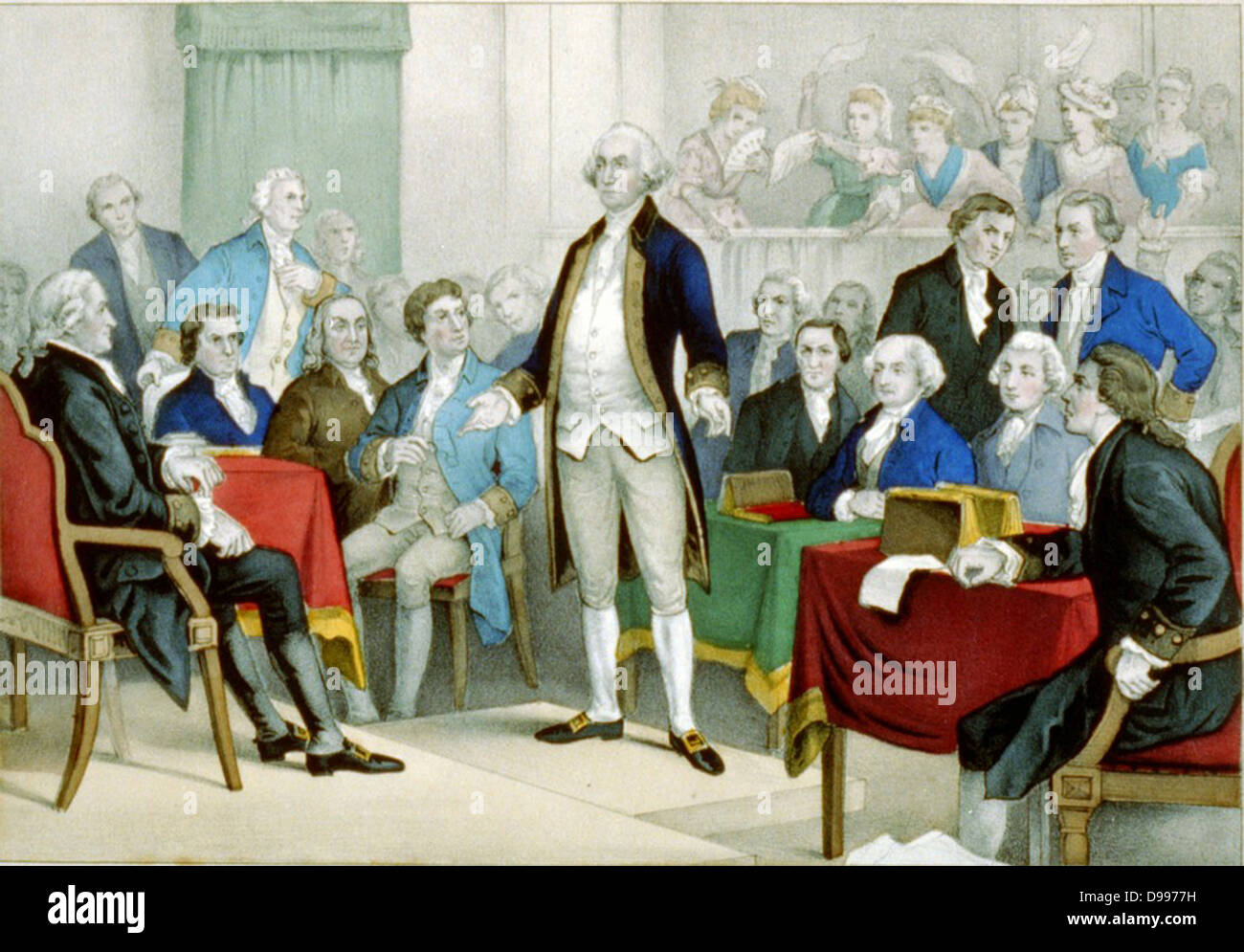 Washington, nommé commandant en chef. Currier & Ives imprimer 1876. Imprimer montre George Washington debout sur une plate-forme entourée par les membres du Congrès Continental. Dans l'arrière-plan, les femmes agitent leurs mouchoirs. lithographie, munis de la main. Banque D'Images