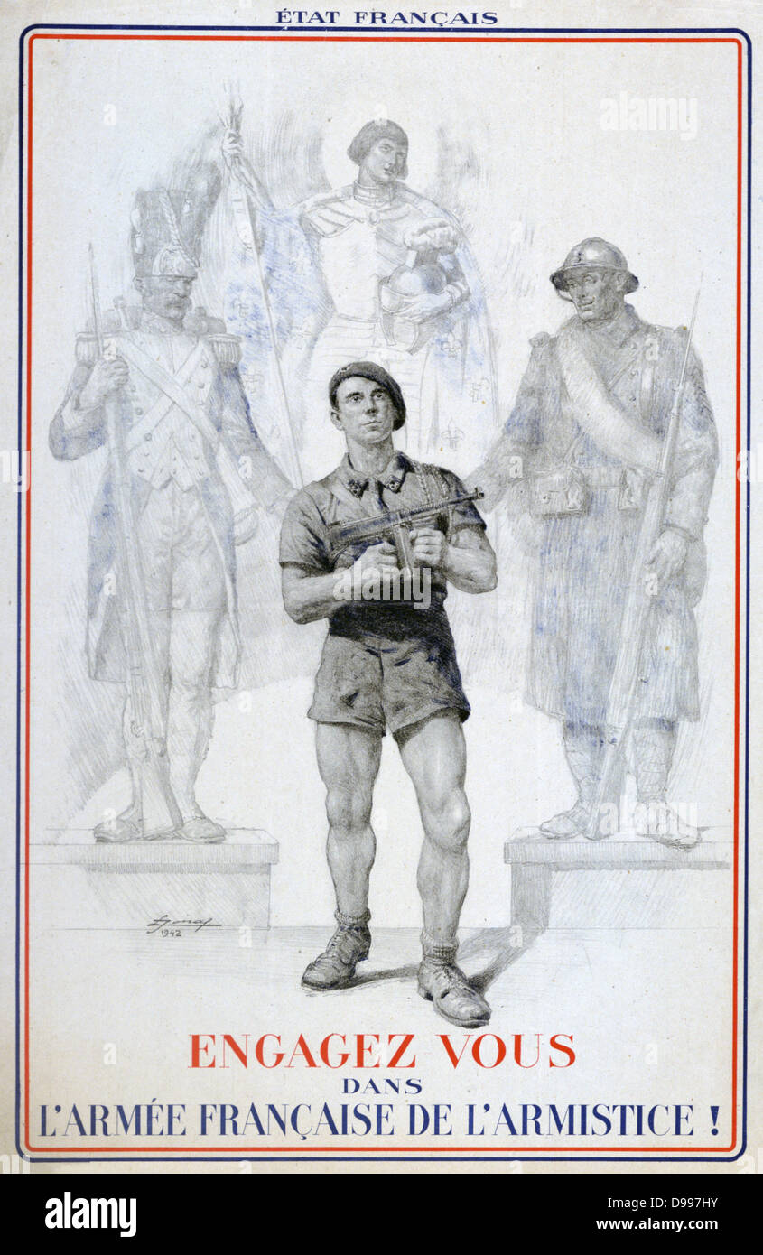 La Deuxième Guerre mondiale, 1939-1945 : Vichy 1942 affiche encourageant les hommes français à rejoindre l'armée française de l'Armistice. France Banque D'Images