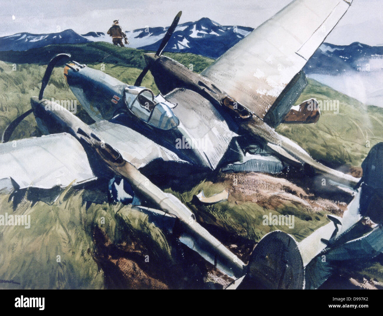 La Deuxième Guerre mondiale, 1939-1945 : 'Crash Landing - des îles Aléoutiennes, Ogden Pleissner (1945-1983), peintre américain. Campagne des îles Aléoutiennes, Alaska, 1942-1943, le japonais vaincus. Agence photographique de l'armée américaine. Vol, militaire, armée de l'air, Banque D'Images