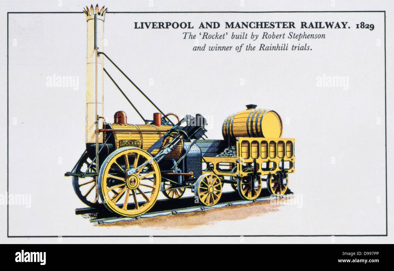 Le Rocket', George Stephenson a locomotive à vapeur qui a gagné le procès en 1829 de Freckeisen la locomotive pour être utilisé sur le chemin de fer de Liverpool et Manchester. Carte du début du xxe siècle. L'ingénierie des transports ferroviaires vapeur Grande-bretagne. Banque D'Images