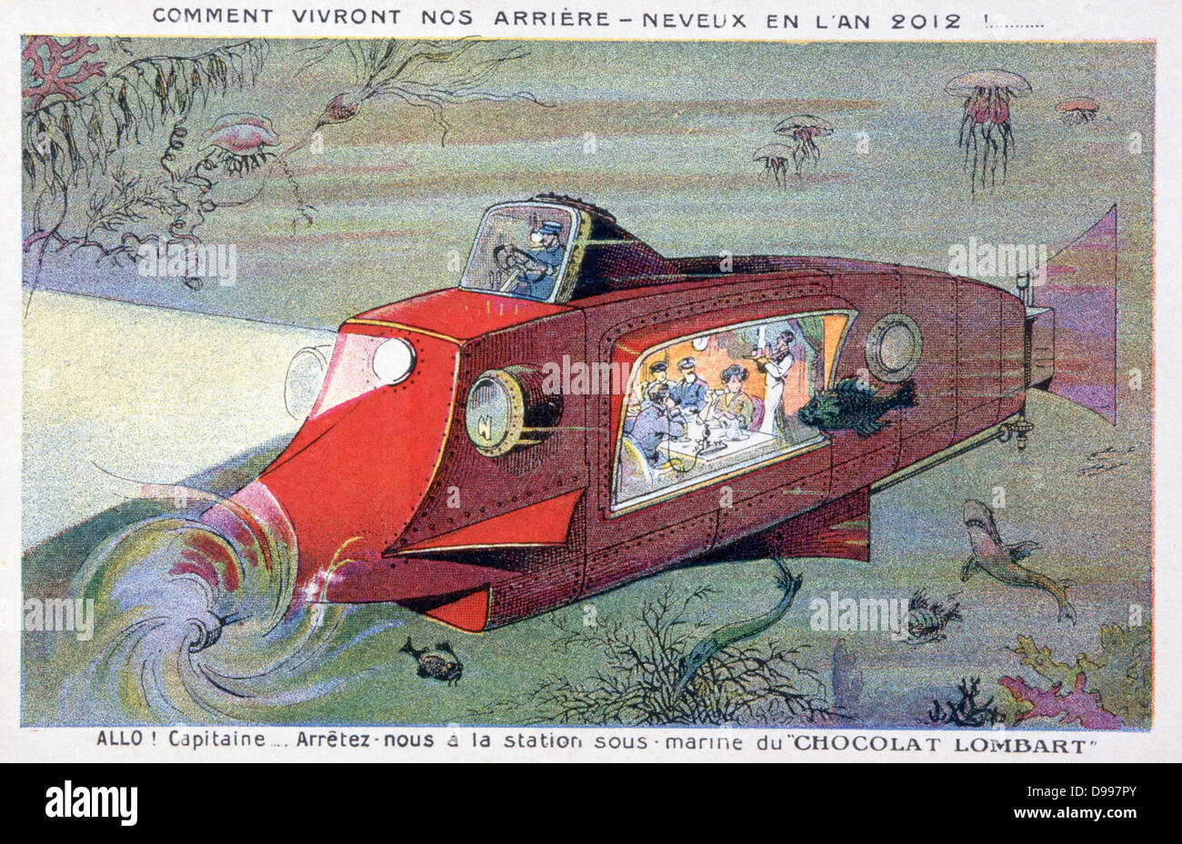 Au début du xxe siècle carte du commerce en 2012 voyage à la mode d'imaginer. Femme voyageant dans un sous-marin 'car' à l'aide de l'intercom pour demander au capitaine de s'arrêter à la station pour Chocolat Lombard. Banque D'Images