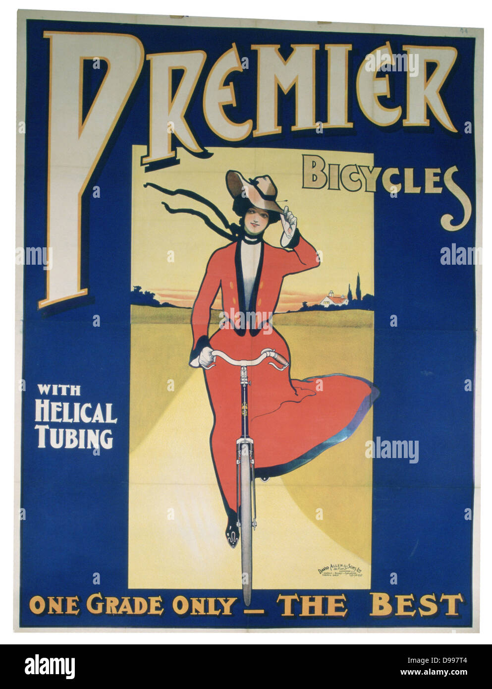 Le Premier ministre affiche pour bicyclettes, début du xxe siècle. À la mode, souriant, jeune femme, une main tenant son chapeau, d'une bicyclette sur pneumatiques. Transports, Cycle, femme, liberté, mobilité Banque D'Images