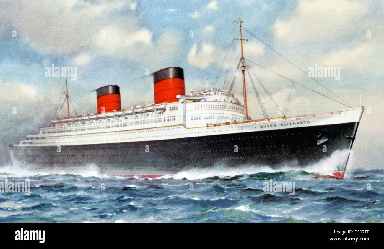 Paquebot RMS Queen Elizabeth', 'Cunard White Star Line. Construit par John Brown & Co., l'Ecosse, Clydebank. Premier voyage 3 mars 1940 comme transport de troupes pendant la Seconde Guerre mondiale. Carte postale, couleur Banque D'Images