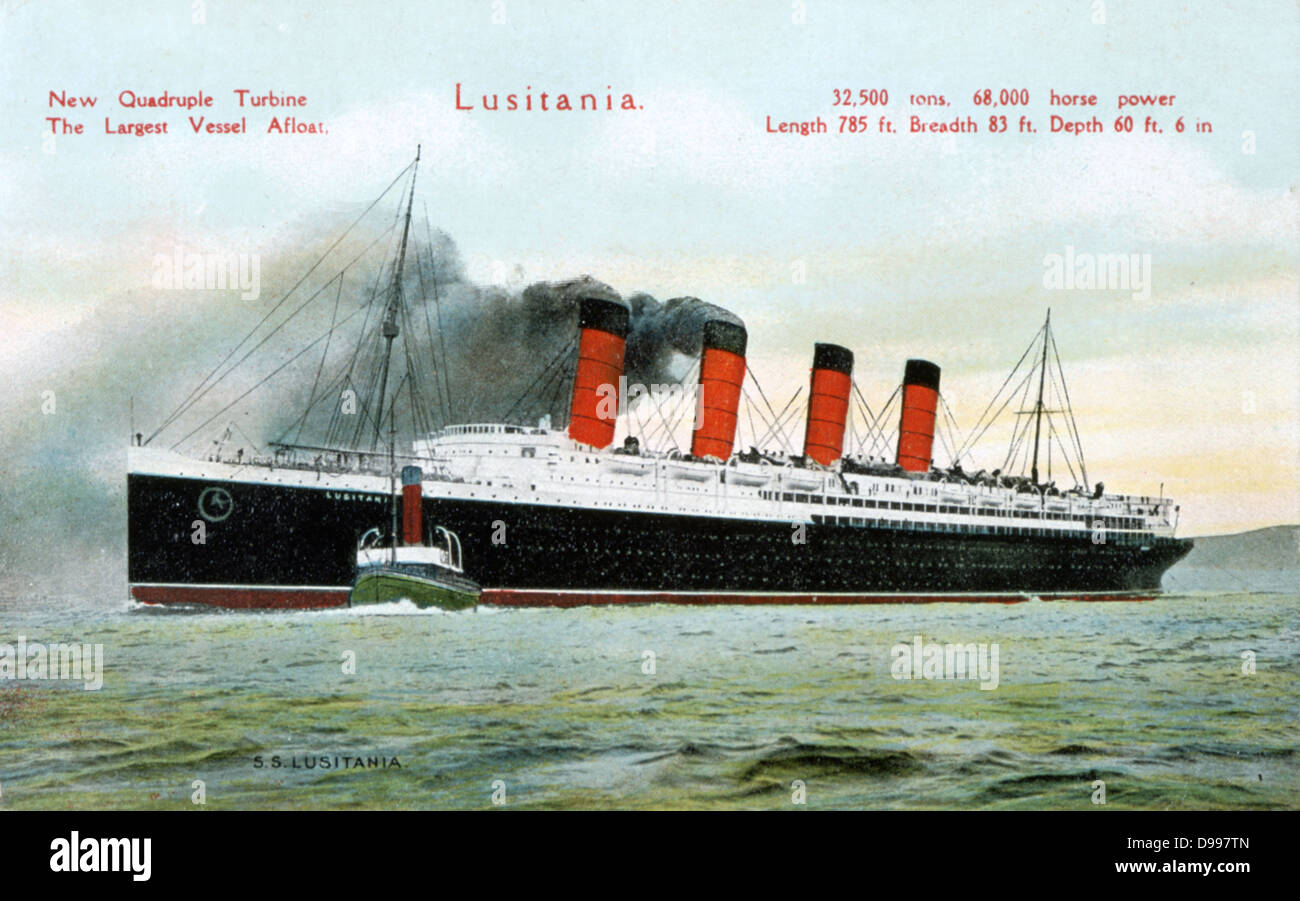 'RMS Lusitania', Cunard, construit par John Brown & Co., l'Ecosse, Clydebank. A quitté Liverpool le 7 septembre 1907 pour son premier voyage à New York, coulé par le U-boot allemand 7 mars 1915 avec la perte de 1 198 vies. Remorqueur, couleur, carte postale Banque D'Images