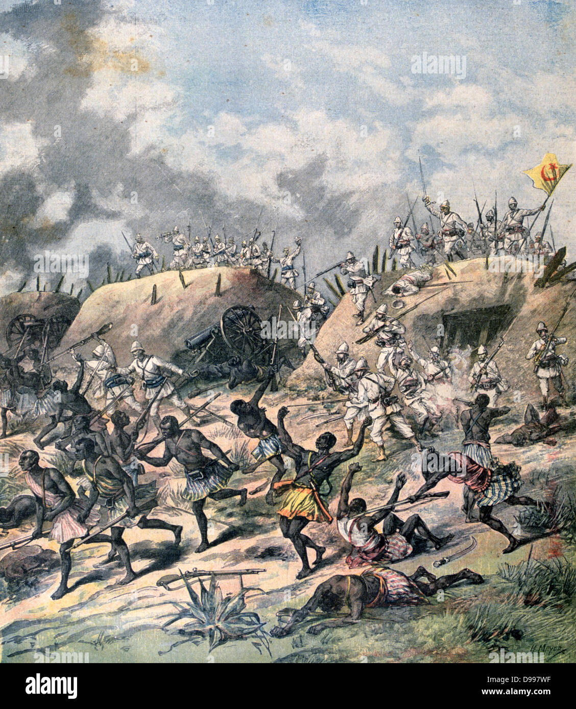 Deuxième Guerre Franco-Dahomean 1892-1894 : les troupes françaises capturant Kanu, Dahomey (actuel bénin). À partir de 'Le Petit Journal', Paris, 19 novembre 1892. L'Afrique, attaque, retraite, colonialisme, militaire, soldat, arme, Rifle Banque D'Images