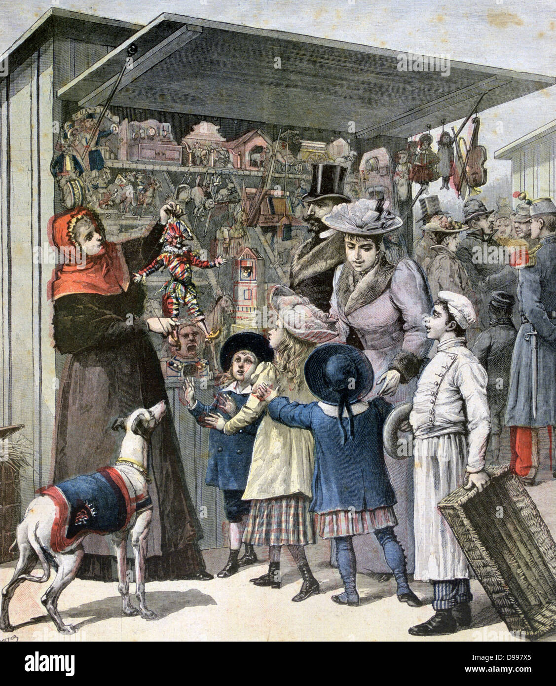 Le jour de l'An à Paris : Street market stall holder montre marionnette de Mr Punch (Pulchinello) à la famille prospère et leur chien pendant mitron regarde sur. À partir de 'Le Petit Journal' Paris, 2 janvier 1892. La France, l'enfant, jouet Banque D'Images