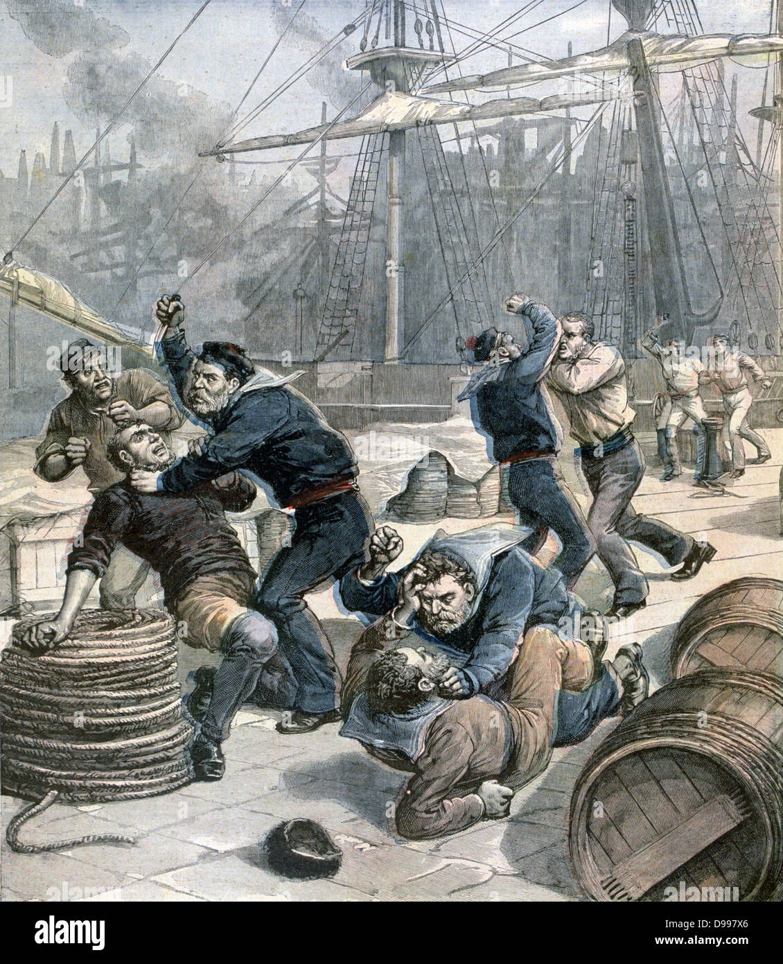 Millwall Docks en' : lutte entre marins russes et britanniques sur le quai. Dans l'arrière-plan sont les mâts de navires amarrés qui ont navigué jusqu'à la Tamise, Londres. À partir de 'Le Petit Journal', 2 janvier 1892. Le commerce maritime, Banque D'Images