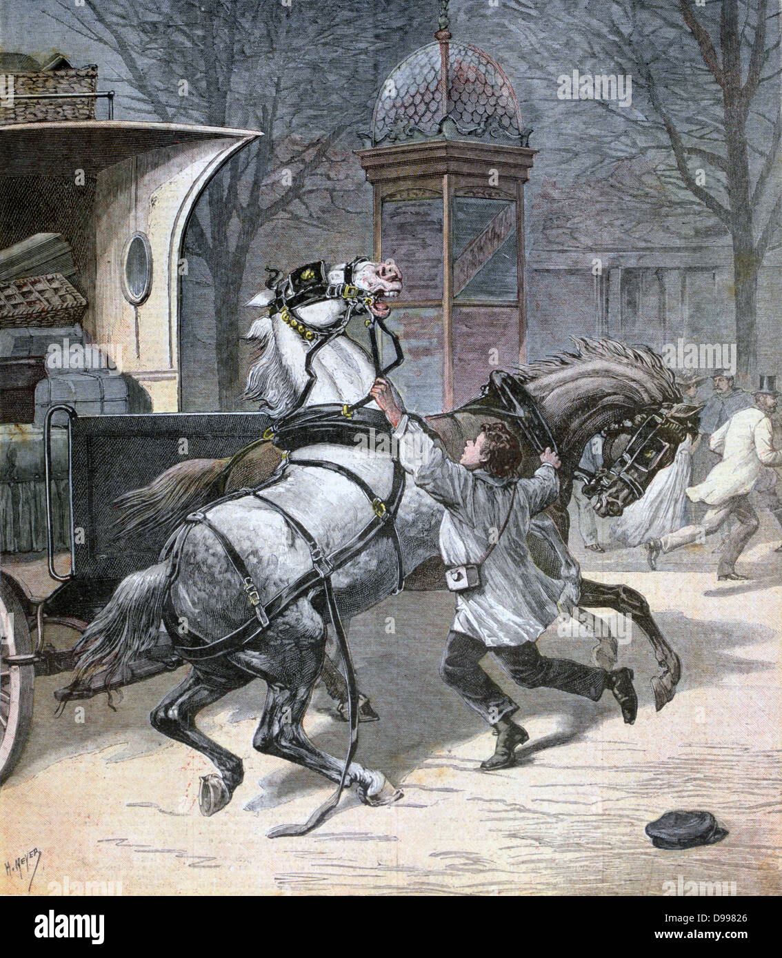 Un brave garçon : douze ans apprenti du bijoutier, Alphonse Lecrocq, se précipiter dans la rue pour arrêter deux chevaux de boulonnage. À partir de 'Le Petit Journal', Paris, 26 mars 1892. La France, Transports, cheval, danger, le courage, la Bravoure Banque D'Images