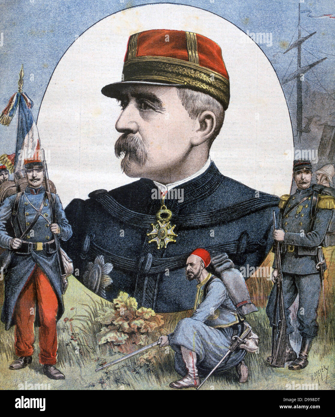 Le général Jacques Duchesne qui dans deuxième expédition Madagascar français 1894-1895. 20 soldats français sont morts, 6 000 sont morts du paludisme. 'Le Petit Journal', Paris, 2 décembre 1894. Le colonialisme, épidémie, la maladie Banque D'Images