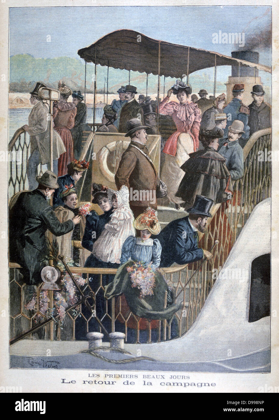 Les premiers beaux jours : Parisiens bénéficiant d''un tripon la Seine sur un bateau à vapeur de les sortir de la ville. À partir de 'Le Petit Journal', Paris, le 23 avril 1894. France, des Transports, de l'eau, les loisirs, le printemps Banque D'Images