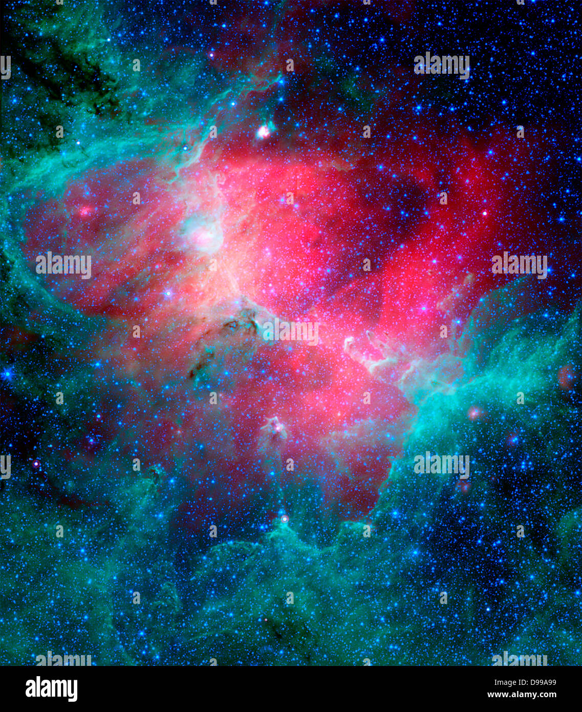 La nébuleuse de l'Aigle, un peuple travailleur d'usine de 4 étoiles situé à 7 000 années-lumière dans la constellation du Serpent. L'image montre l'ensemble du réseau de la région de nuages orageux et des nouveau-nés stars dans la lumière infrarouge. Télescope spatial Hubble (HST), télescope spatial Spitzer. Banque D'Images