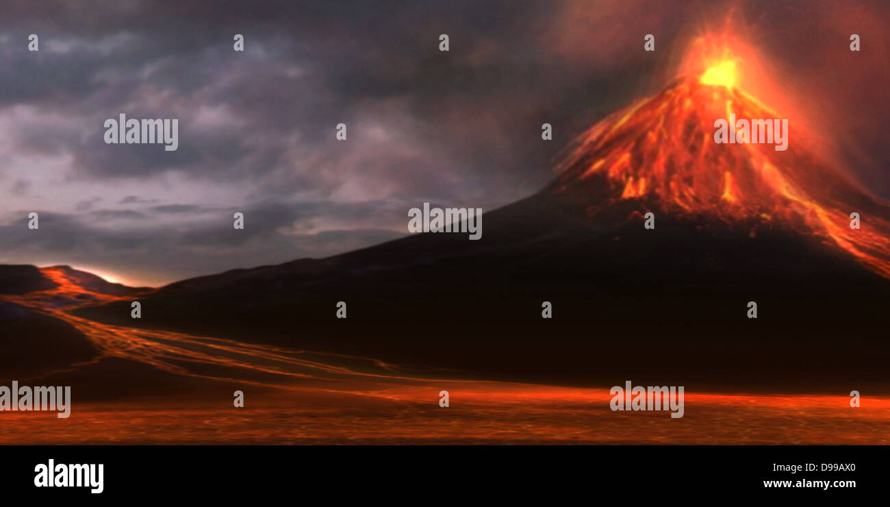 Red Hot coulées d'une montagne comme un volcan explose dans le feu et la fumée. Banque D'Images