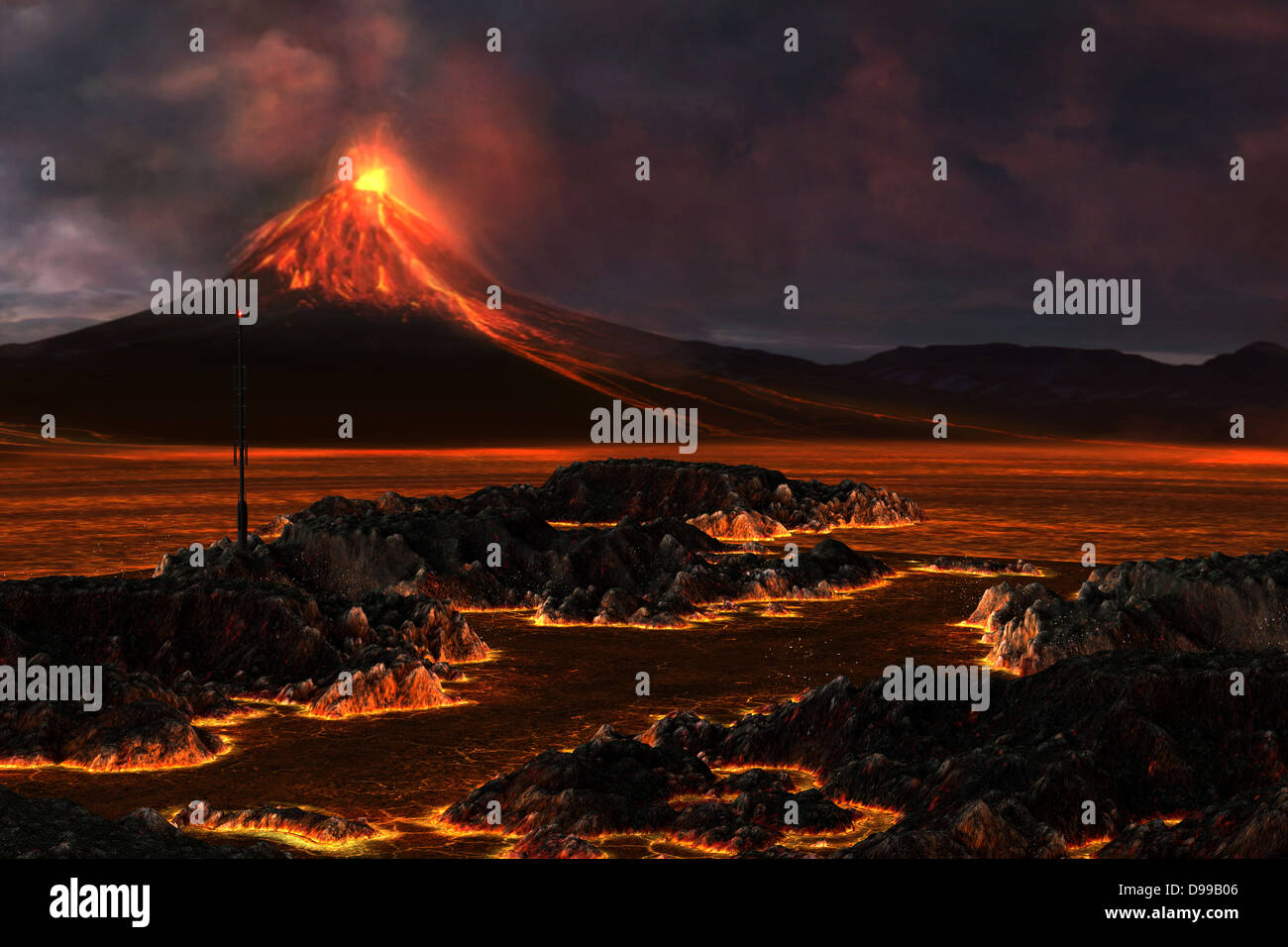 Red Hot Lava traverse le paysage comme une montagne volcanique explose avec le feu. Banque D'Images