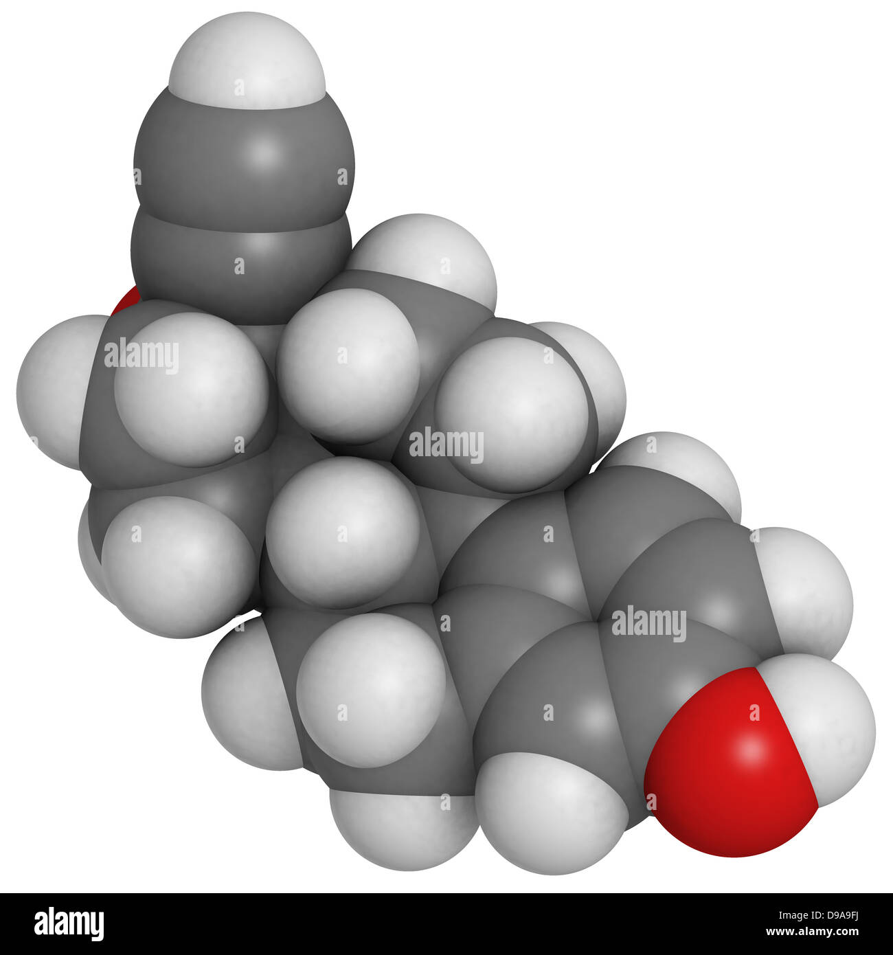 L'éthinylestradiol (EE) anticonceptive hormone, le modèle moléculaire. Les atomes sont représentés comme des sphères avec codage couleur classiques Banque D'Images