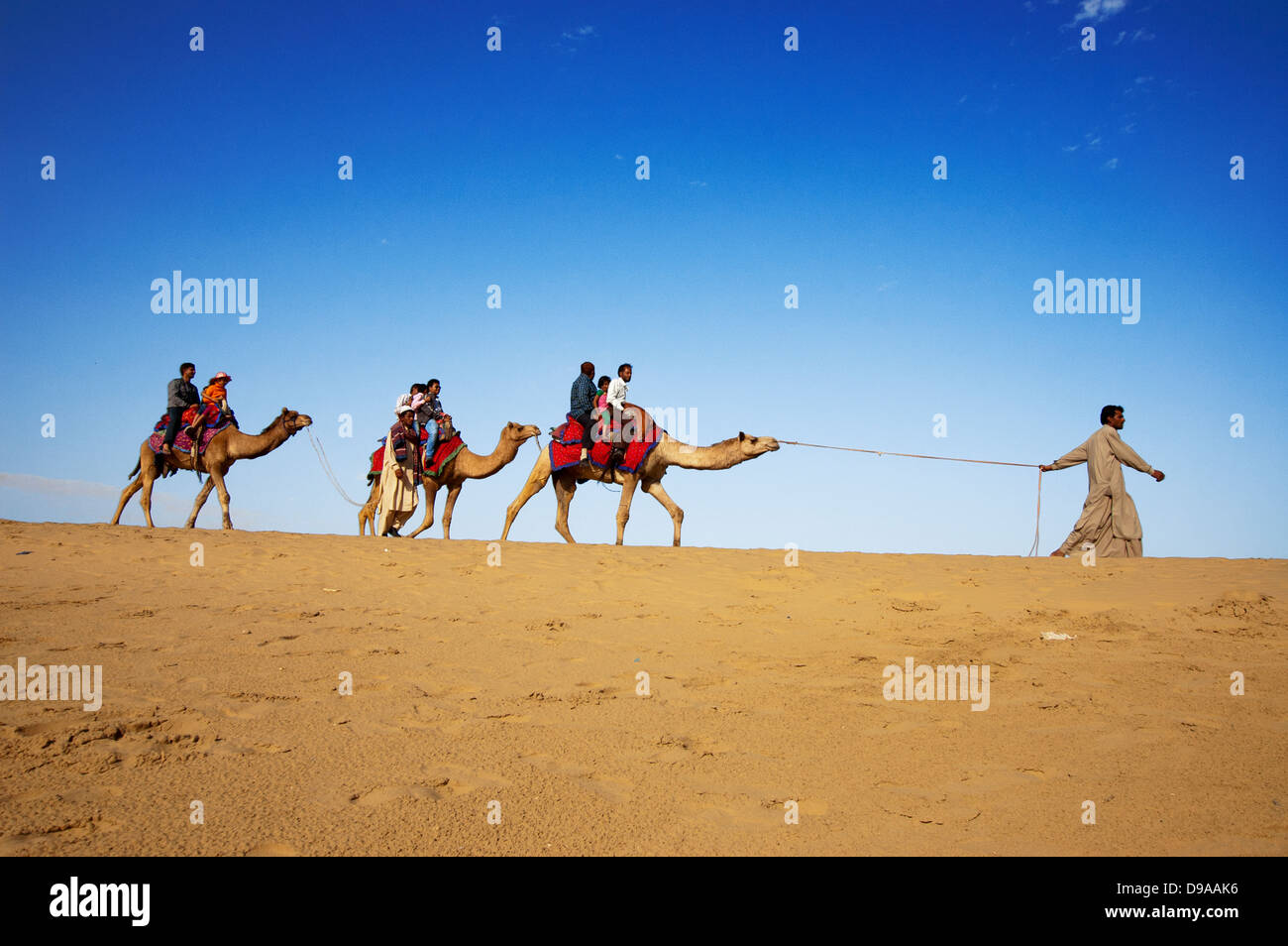 Chamelier et clients au Sam dune de sable à Jaisalmer, Inde. Banque D'Images