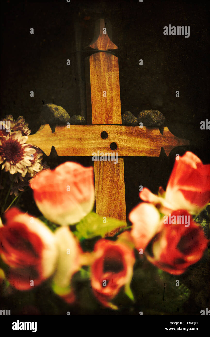 Croix et fleurs en plastique image manipulée avec texture Banque D'Images