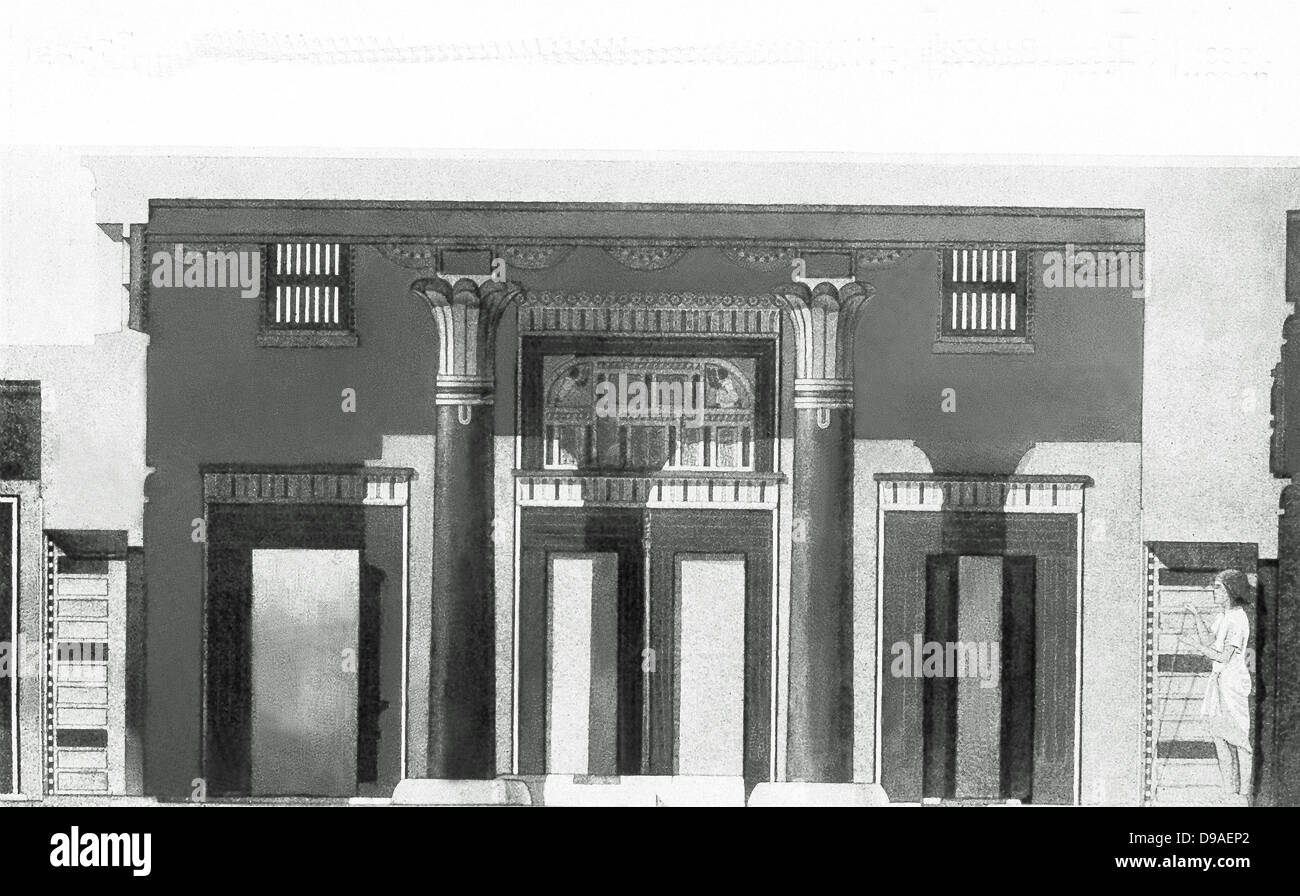 Dans ce début des années 1920, la reconstruction de droit est la façade d'une maison à découvert à Akhetaton (Amarna). Banque D'Images