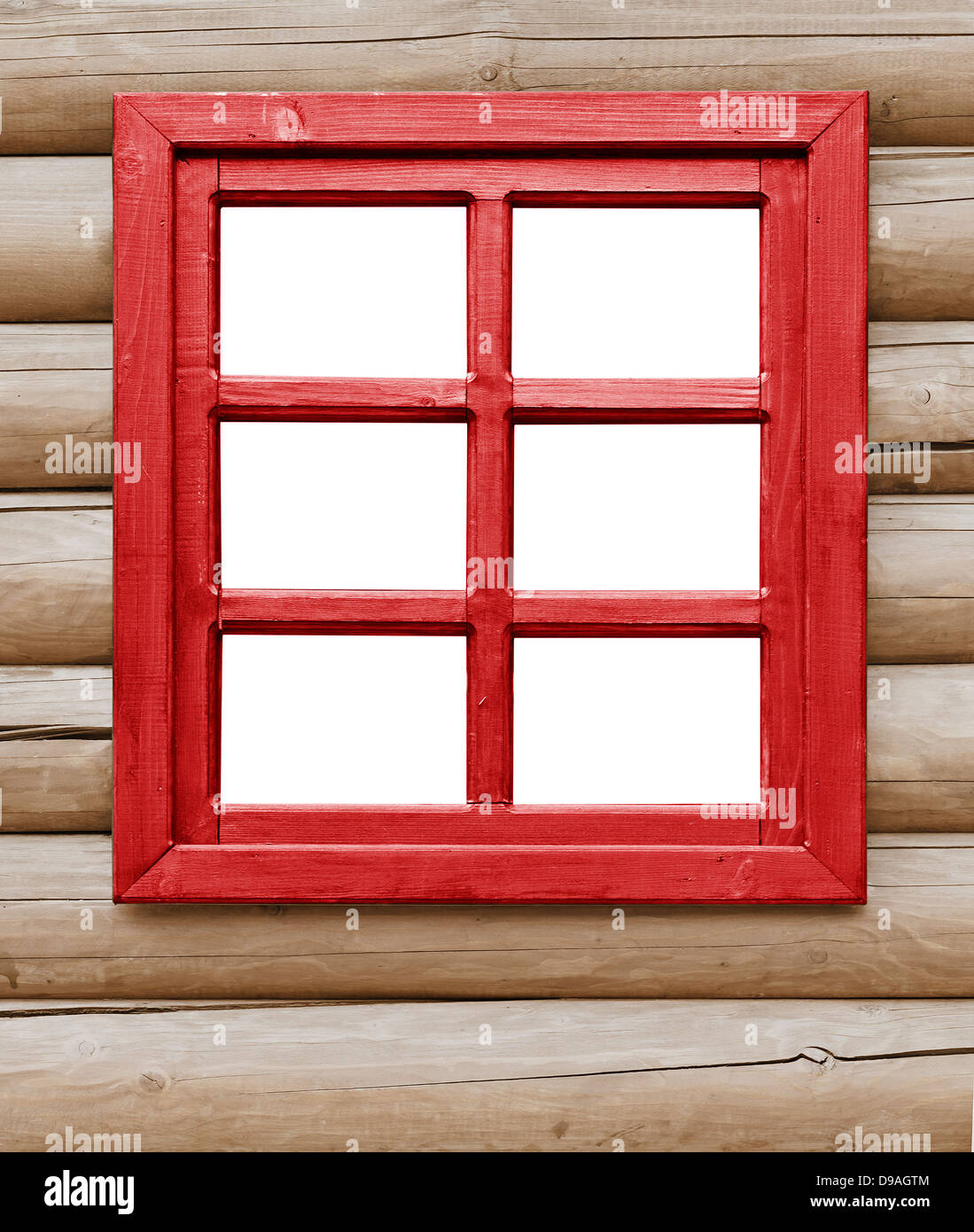 La fenêtre en bois rouge sur le mur de la ferme Banque D'Images