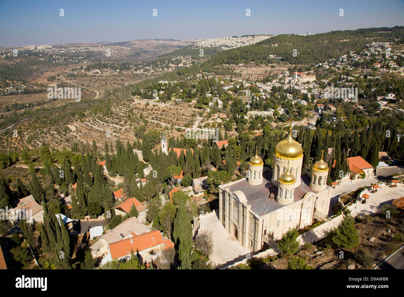 Une vue aérienne de Moskovia - l'église russe à Ein Karem Banque D'Images