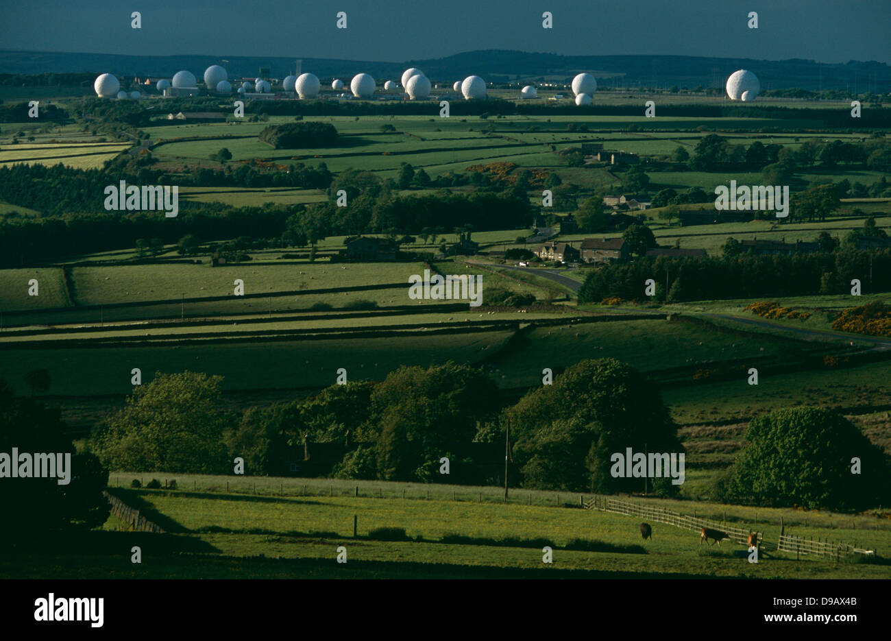 Une vue sur les Yorkshire Moors à la campagne vers le bas d'une colline voisine de la top secret à la collecte de renseignements de base RAF Menwith Hill, près de Harrogate, Yorkshire, Angleterre. On voit le surréel des radômes blanc en forme de balles de golf - contenant chacun une antenne satellite - qui parsèment le paysage de science-fiction. Nombre d'entre elles sont utilisées pour l'interception des signaux à partir de satellites de communications et sont généralement considérés comme faisant partie de l'échelon et l'écoute clandestine PRISM projets par la NSA, un monde ultra-secret des signaux à l'échelle de l'intelligence et l'analyse réseau. (Suite..) Banque D'Images