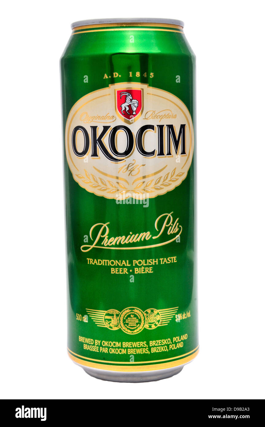 La bière peuvent : 'Premium' Okocim polonaise Banque D'Images