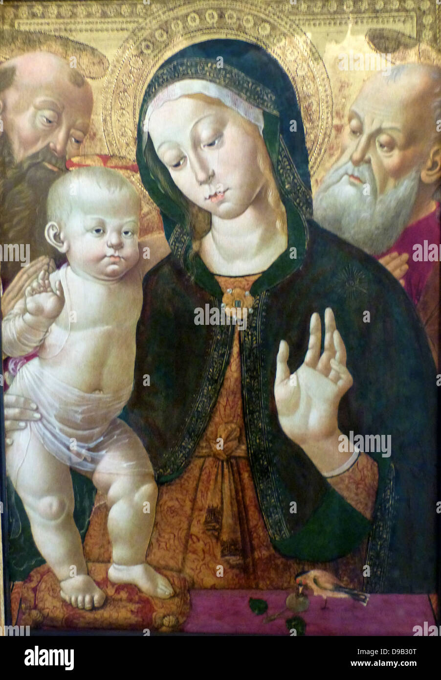 La Vierge et l'enfant avec deux Saints à propos de 1500. Huile sur panneau, Sienne, Italie. Jean Fouquet 1460-1516 env. La vierge du Christ et de la robe d'amortir sont faits de soie la plus chère. Le Chardonneret jaune sur le parapet fait allusion à la mort de Christ. L'oiseau a été cru à tort de manger des épines. Selon la légende, il arracha une épine de la couronne du Christ d'épines et a obtenu un point rouge sur la tête d'une goutte de son inondation. Banque D'Images