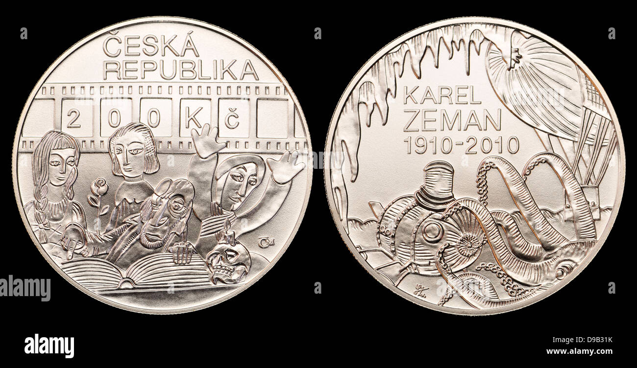 200kc pièce commémorative en argent de la République tchèque. 100e anniversaire de la naissance de Karel Zeman, le directeur de film Banque D'Images