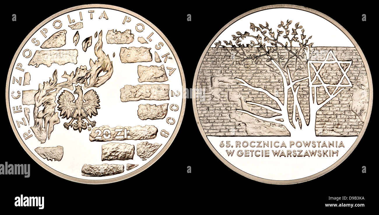 Argent polonais zl 20 médaille commémorant le 65e anniversaire de l'insurrection du Ghetto de Varsovie en 1944 Banque D'Images