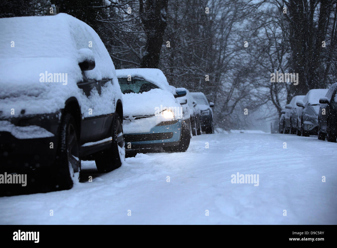 Voitures garées dans la rue couverte de neige Banque D'Images