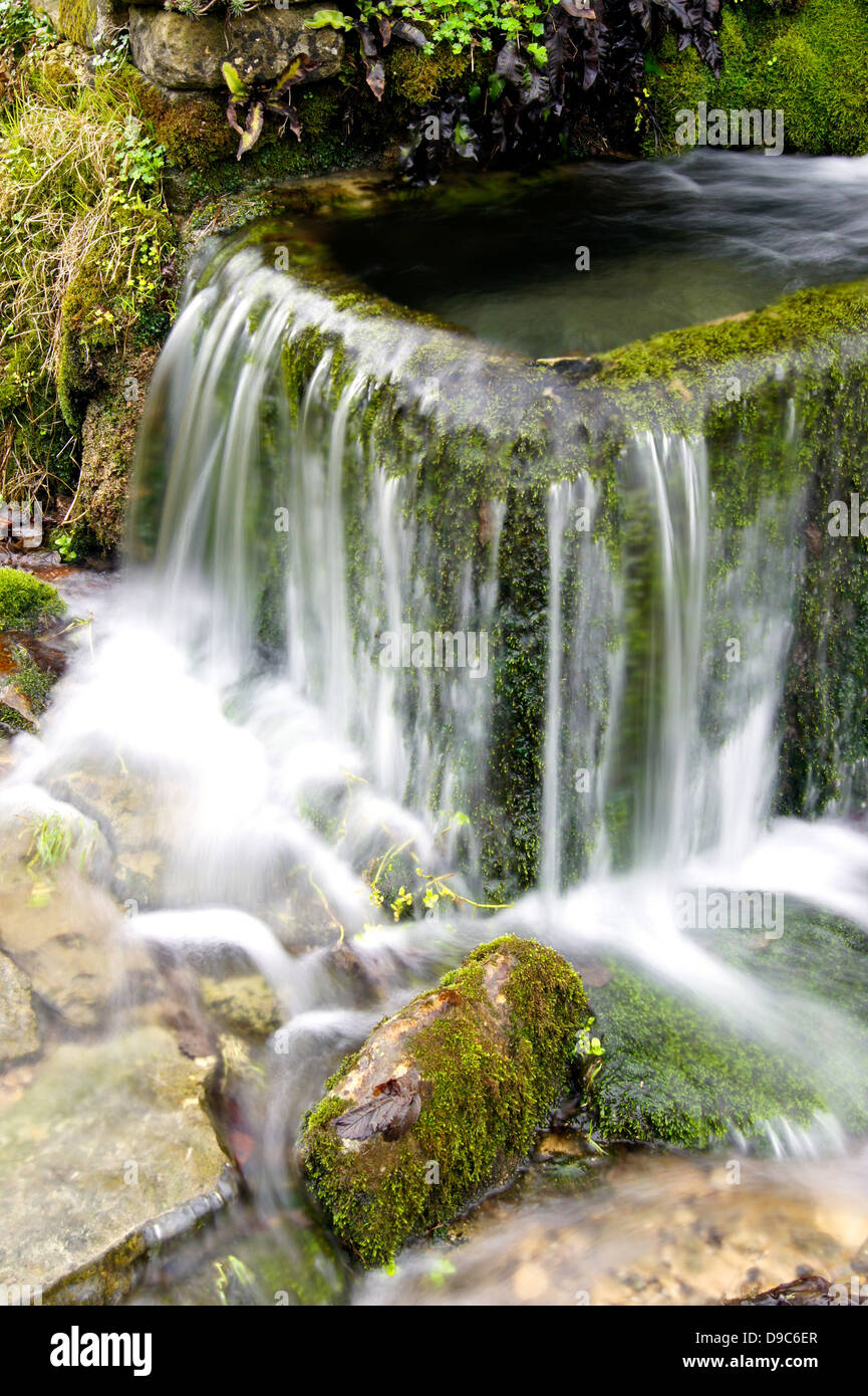 Détail de l'eau de source déborde d'un creux à Compton Abdale près de la ville thermale historique de Cheltenham dans les Cotswolds. Banque D'Images