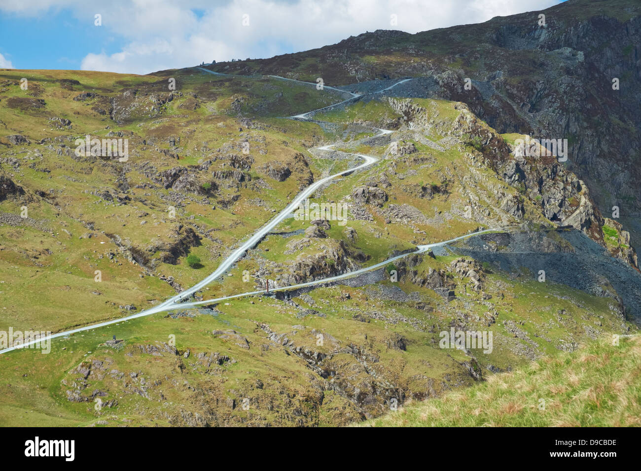 Les routes menant à l'écart de Honister Mine d'Ardoise du centre des visiteurs vers le mien ci-dessous Fleetwith Pike dans le Lake District Banque D'Images