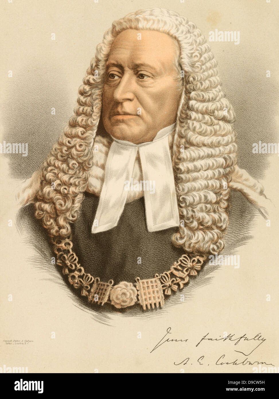 James Edward Alexander Cockburn (1802-1880) avocat écossais, homme politique et juge, député de Southampton 1847-1857, Lord Chief Justice d'Angleterre 1875-1880. C1880 lithographie teintée. Banque D'Images