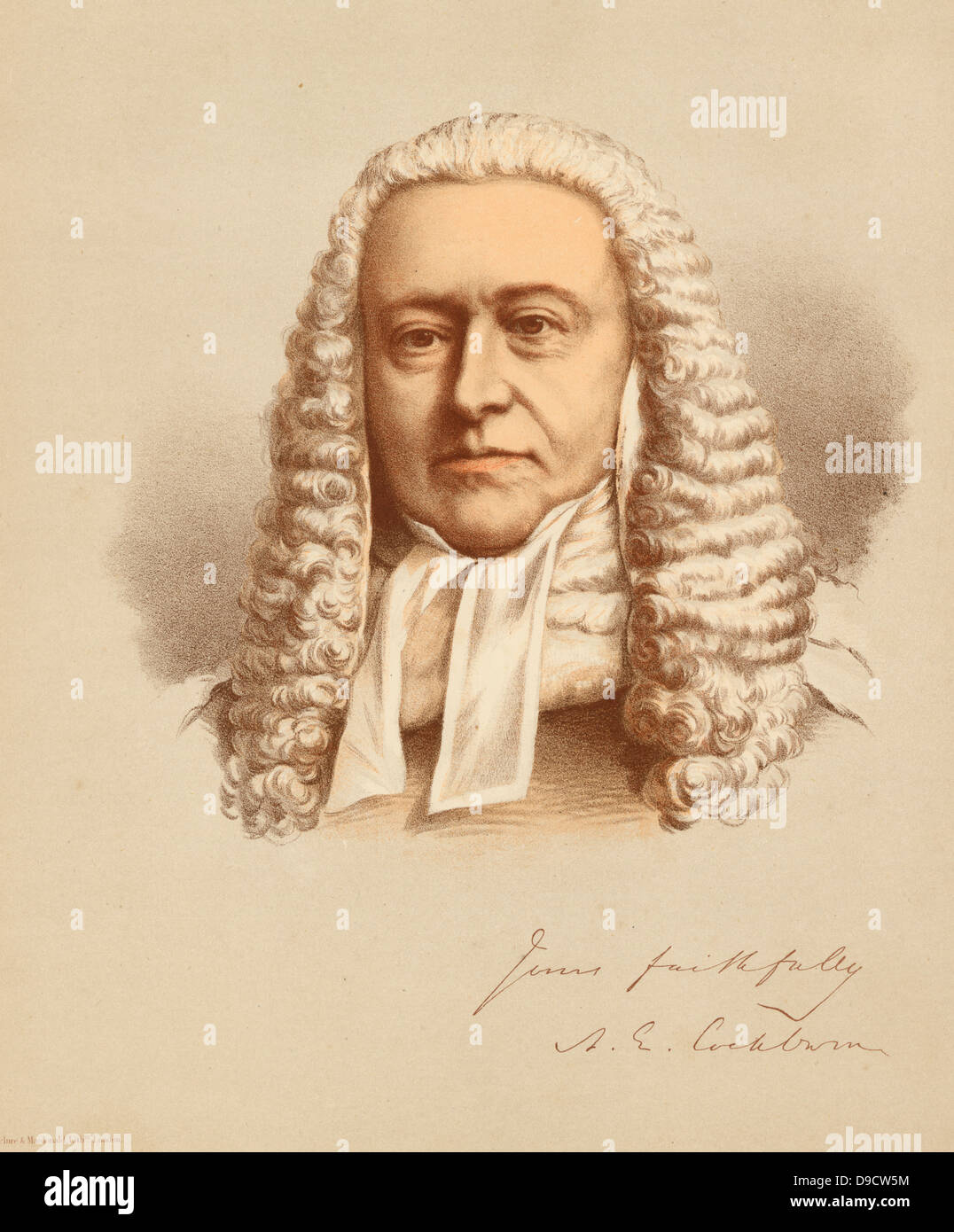 James Edward Alexander Cockburn (1802-1880) avocat écossais, homme politique et juge, député de Southampton 1847-1857, Lord Chief Justice d'Angleterre 1875-1880. C1880 lithographie teintée. Banque D'Images