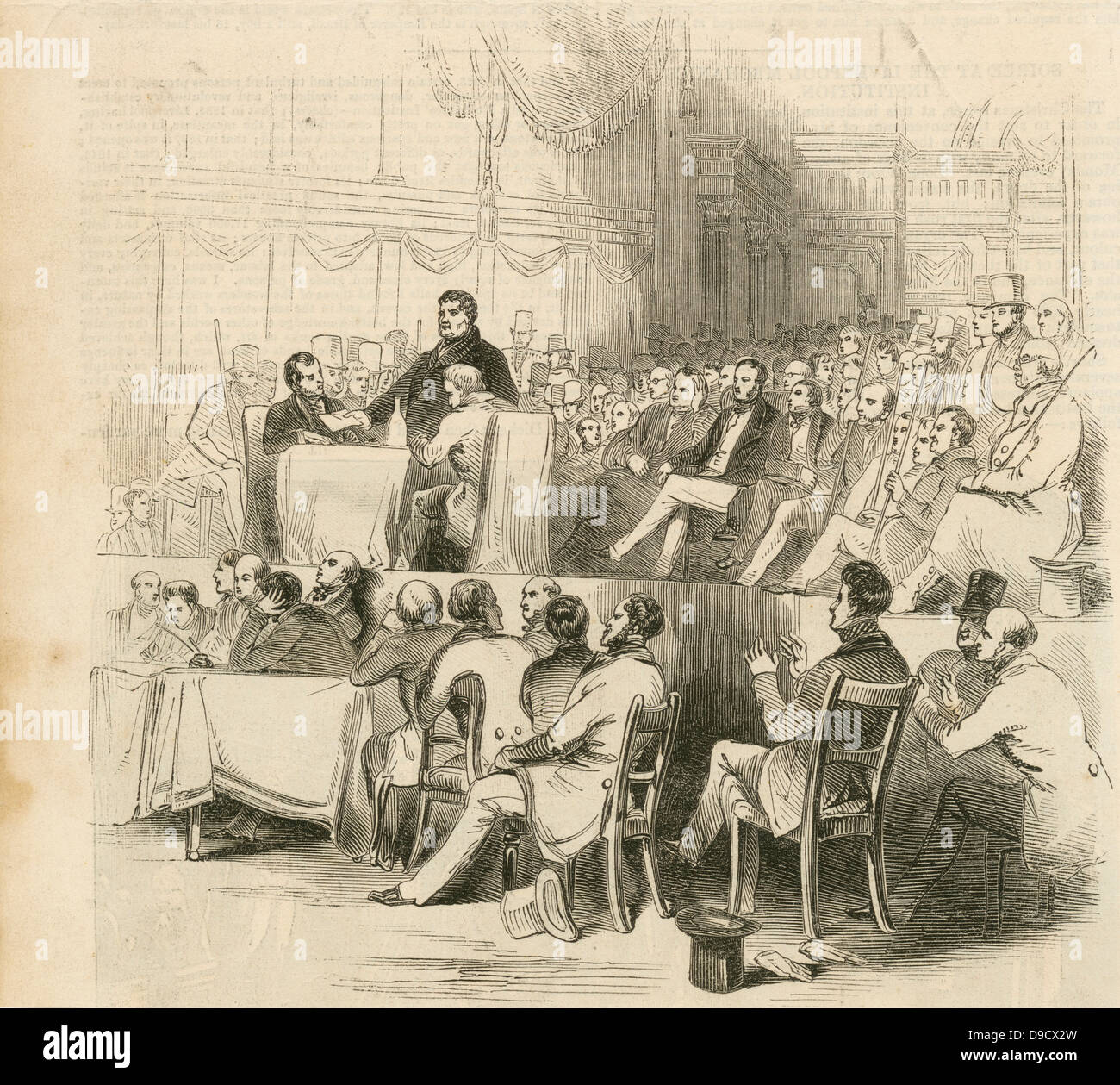 Daniel OConnor (1775-1847) le libérateur, leader politique irlandais, aborder une réunion sur le droit de maïs à Covent Garden Theatre, 1844. Il a fait campagne pour le droit des catholiques de siéger au Parlement de Westminster. Banque D'Images
