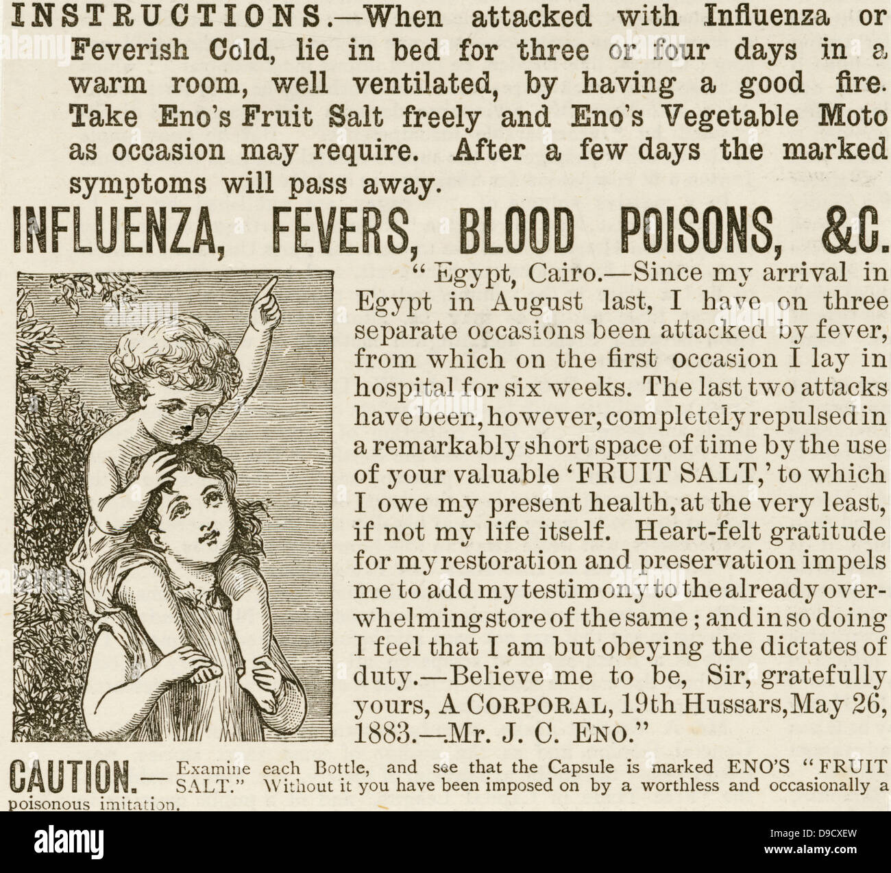 L'annonce d'un brevet de médicament pour soigner la grippe, une infection virale qui provoque souvent des épidémies. Londres, 1890. Banque D'Images