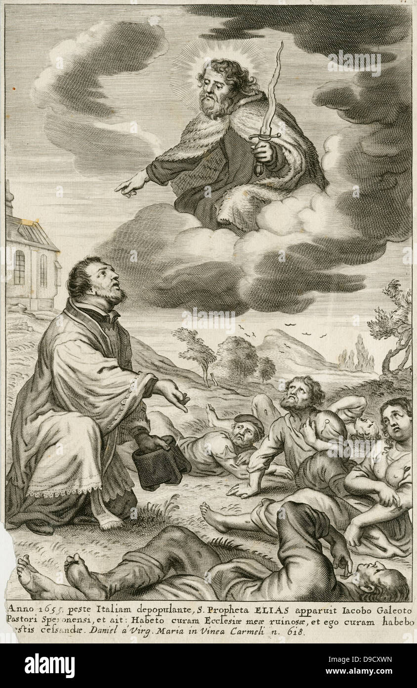 La prétendue apparition de l'ancien prophète Testment Eliajah au cours de l'épidémie de peste bubonique de plaque en Italie en 1655. La gravure. Banque D'Images La prétendue apparition de l'ancien prophète Testment Eliajah au cours de l'épidémie de peste bubonique de plaque en Italie en 1655. La gravure. Banque D'Images