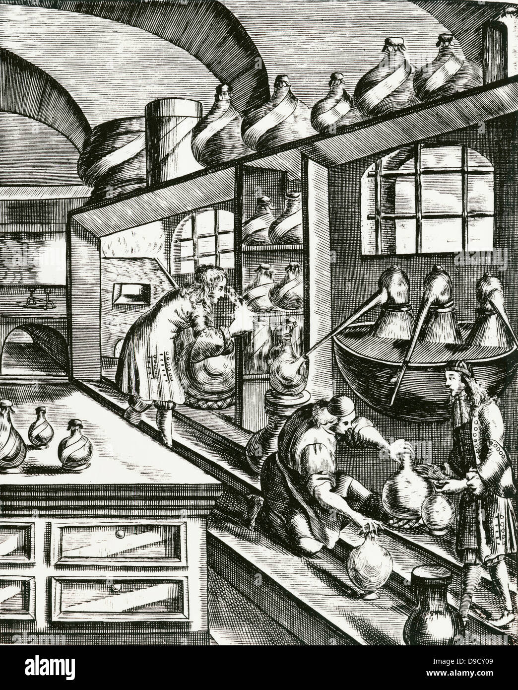 Laboratoire de distillation des médicaments. De Magia naturalis, Nuremberg, 1715, par Johannis Baptista della Porta. Première édition 1558. Banque D'Images